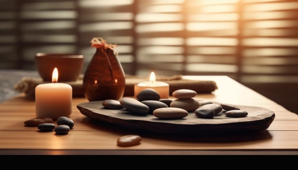 spa setting with hot stones on wooden table